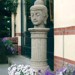 Statues & Sculptures Buddha^Buddha Head Stone Garden Ornament on Pedestal