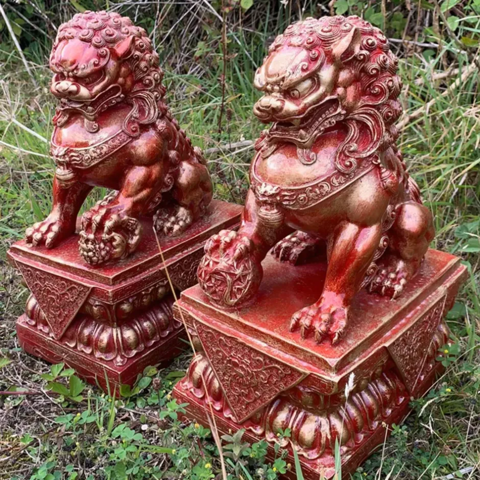 Statues & Sculptures Lions^Foo Dogs 45cm Red Chinese Garden Statues
