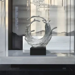 Statues & Sculptures Floor Standing|Abstract^Oceanic Wave 117cm Silver Metal Indoor Sculpture