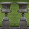Statues & Sculptures Large|Round^Pair of Grecian Stone Garden Planter Urns on Pedestals