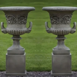 Statues & Sculptures Large|Round^Pair of Grecian Stone Garden Planter Urns on Pedestals