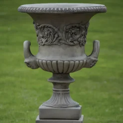 Statues & Sculptures Large|Round^Pair of Grecian Stone Garden Planter Urns on Pedestals