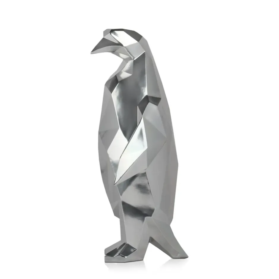 Statues & Sculptures Table Top|Low Poly^Polygon Penguin 50cm Silver Resin Indoor Sculpture