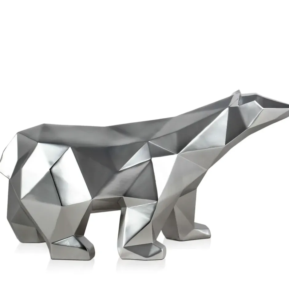 Statues & Sculptures Table Top|Low Poly^Polygon Polar Bear 25cm Silver Resin Indoor Sculpture