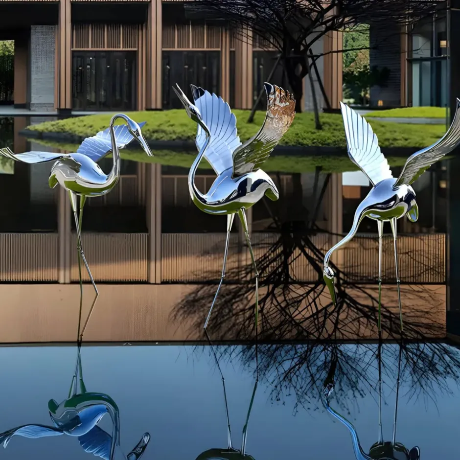 Statues & Sculptures Wildlife|Cranes^Pure Crane 130cm Silver Metal Garden Sculpture v2