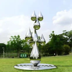 Statues & Sculptures Giant|Floor Standing^Raindrop Ripples 220cm Silver Metal Garden Sculpture