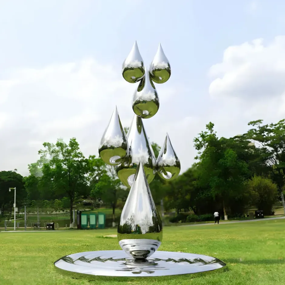Statues & Sculptures Giant|Floor Standing^Raindrop Ripples 220cm Silver Metal Garden Sculpture